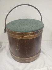 Vintage Wood Barrel Bucket Seat Stool Storage Firkin 15" x 15" Primitive