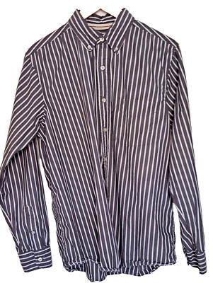 Red Camel Button Up Shirt Men's L Gray White Striped Cotton