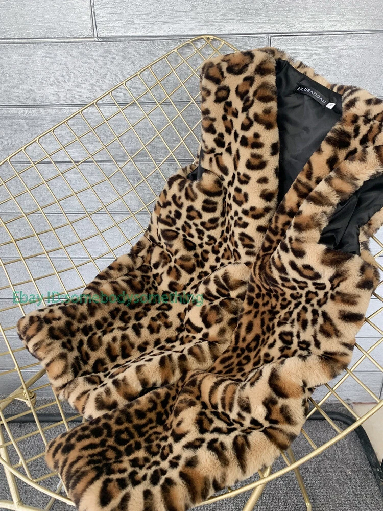 Womens Faux Fur Leopard Print Mid Length Vest Warm Soft