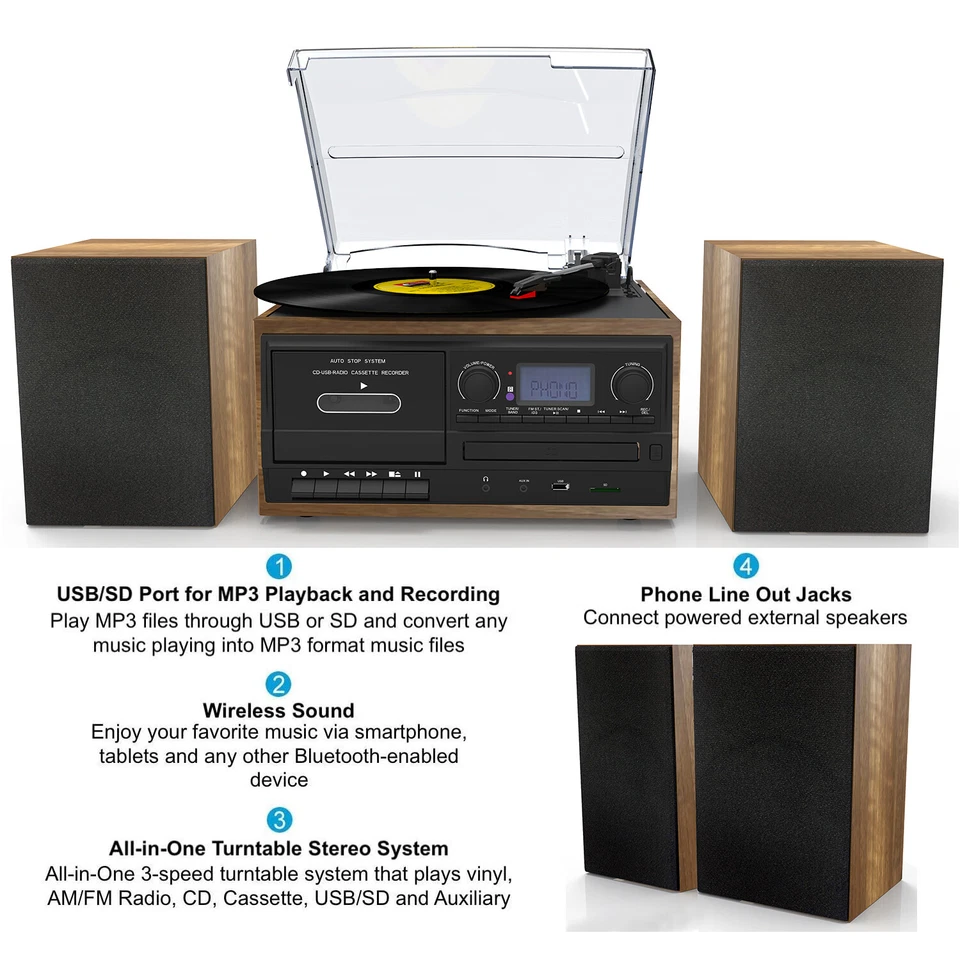 Bluetooth Record Player Turntable, CD Player, Convert LP Vinyl, CD to MP3 Player - Image 3 of 4
