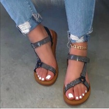 Black Rhinestone Ankle Strap Flat Sandals