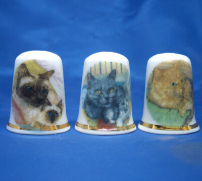 Birchcroft China Thimbles -- Set of Three -- Mixed Cats and Kittens