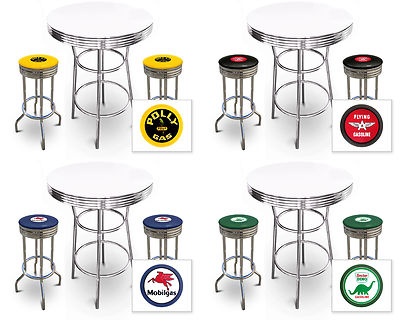 Bar Table Set Vintage Gas Theme 3-pc White Table Retro Decal Backless  Stools