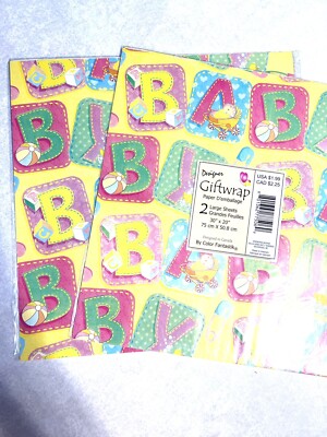 2 Vintage Baby Shower Gift Wrap Color Fantastik 2 sheets each pkg New Blocks