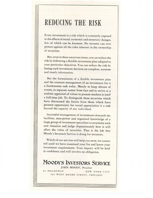 1938 MOODY'S INVESTORS SERVICE ''REDUCING THE RISK'' SALES ART AD