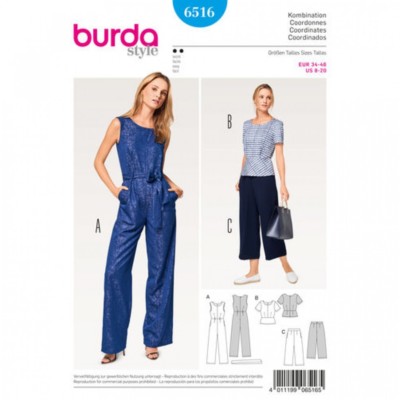 Burda Damen leicht nähen Muster 6516 Oberteil, Hose & Overall (Burda-6516)