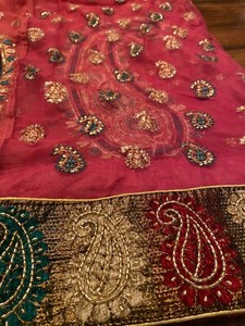 Vintage SARI Wrap BEADED RED PAISLEY Sheer Gold Embroidered 6 yds 45" Saree