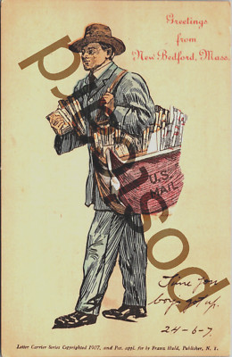 1907 Greetings from New Bedford, MA, mailman & bag, Franz Huld postcard jj440
