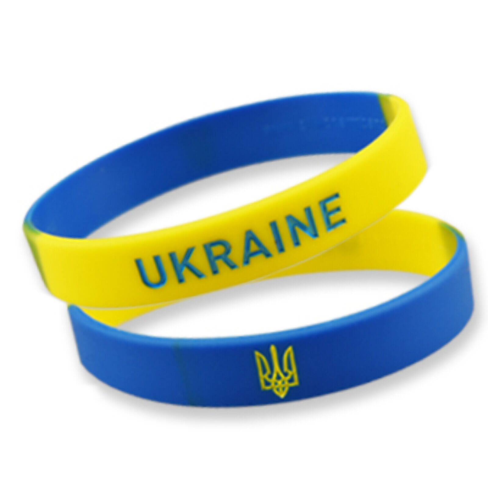 Armband Ukraine Blau Gelb mit Prägung und Dreizack Symbol Material Silikon