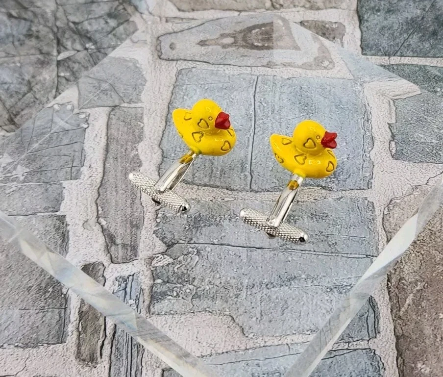 Mens Rubber Ducky Heart Embossed Polished Rhodium Plated Brass Cufflinks - Image 2 of 4