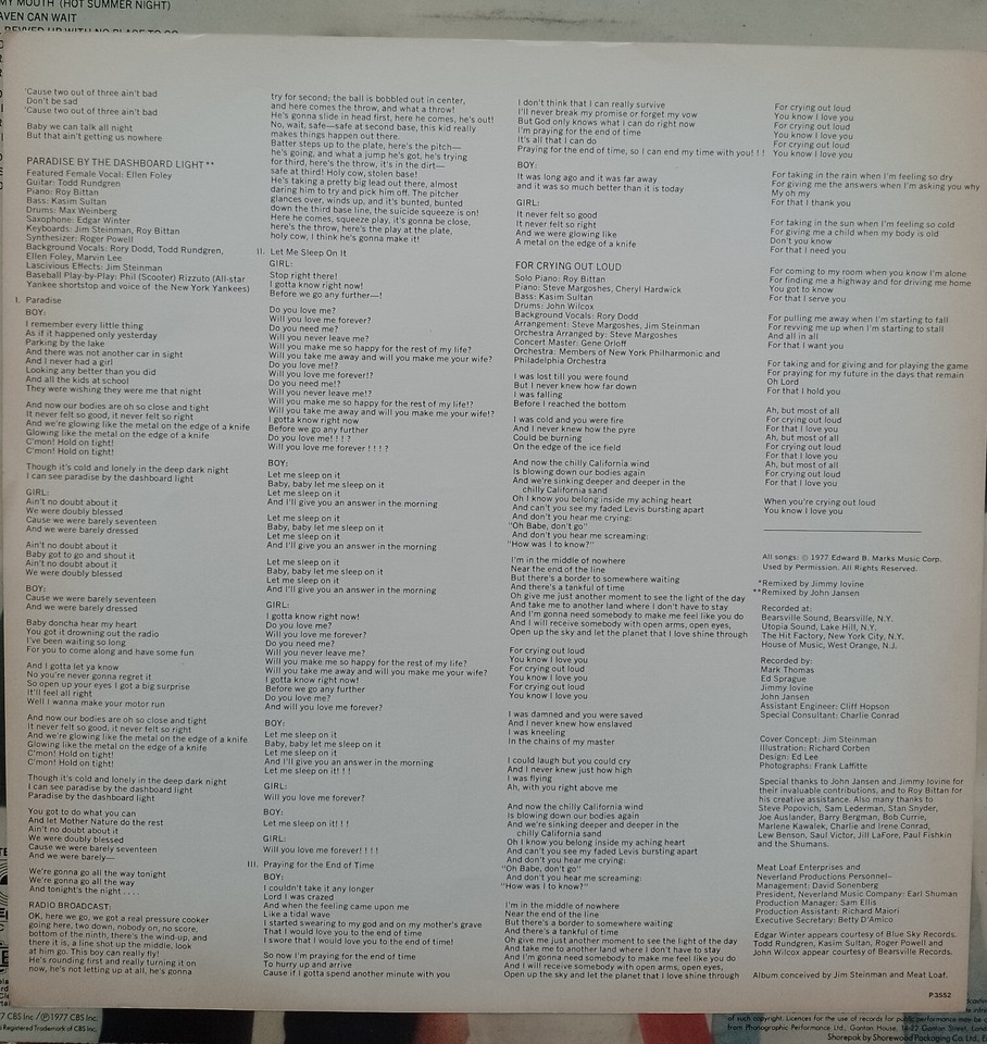 Meat Loaf Bat out of Hell original vinyl album with lyric insert eBay