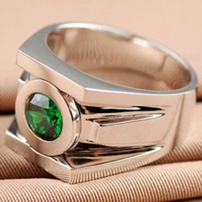 Simulated Round Cut 2.10CT Green Emerald Men's Ring In 935 Argentium Silver