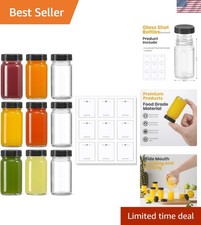 9 Pack, 2 oz Glass Shot Bottles w/ Black Lids  9 Labels - Small Clear Jar fo...