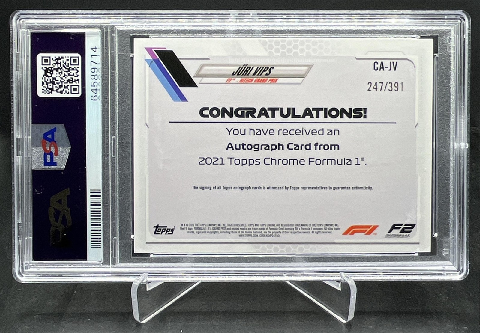 2021 Topps Chrome Formula 1 F1 Juri Vips Auto Autograph 247/391 PSA 10 #CA-JV view 2