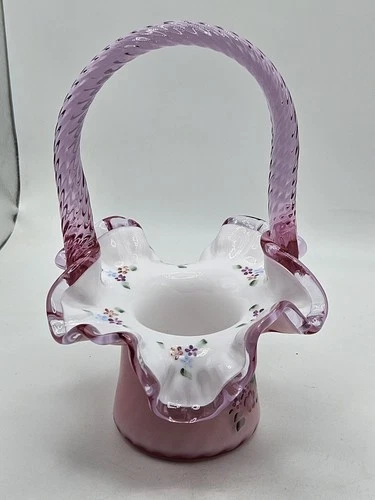 Fenton Family Signature Glass Hand Painted Pink Basket Signed And Numbered #1182