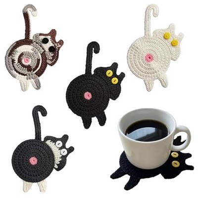 Cute Cat Design Coaster Funny Crochet Mug Coaster, 4Pcs Insulation Coaster, 