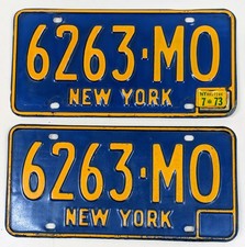 1966 67 68 69 70 71 72 w/1973 Sticker New York License Plate Pair NY Tag 6263-MO