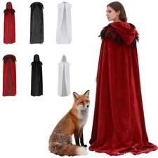 Womens Floor-Length Velvet Cloak Cape w/Feather Collar Witch Cosplay Halloween