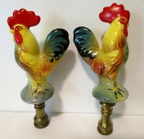 Vintage Pair LAMP FINIALS ~ ROOSTER CHICKEN ~ COLORFUL CERAMIC