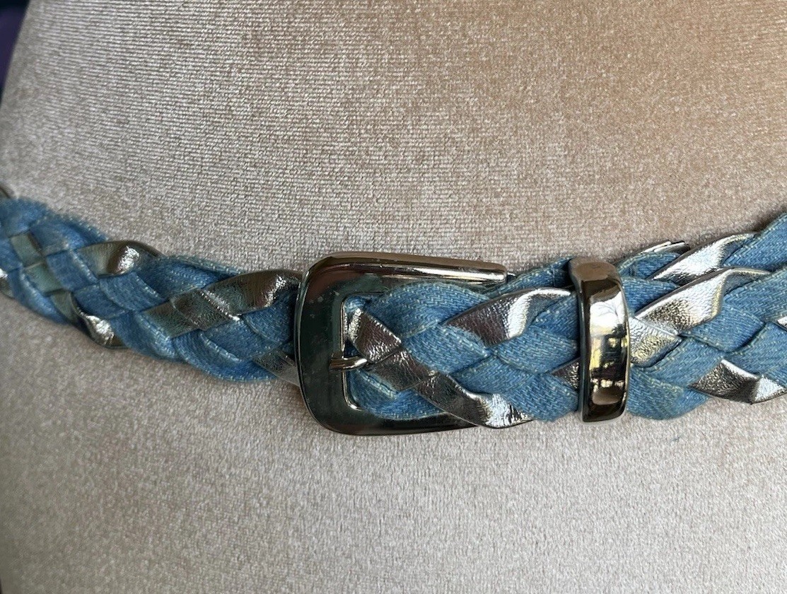 Vintage 90s Y2K Denim Braided Belt Silver Metallic Club Wear  display picture 1