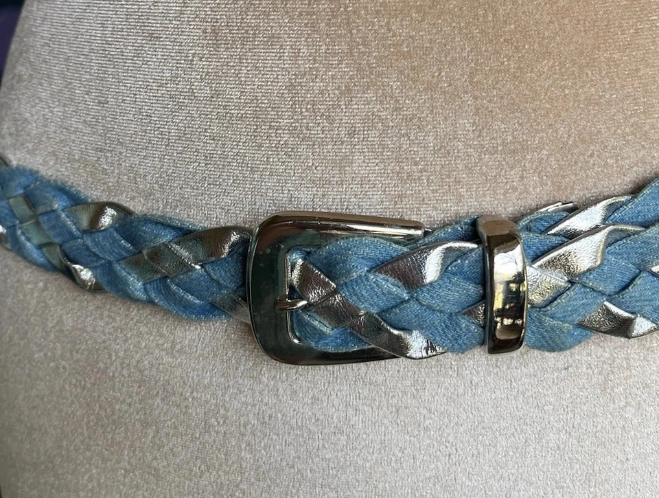Винтажный 90-х годов Y2K джинсовой ткани плетеный ремень серебро металлический клуб износ рейв инди рукав - Изображение 2 из 4
