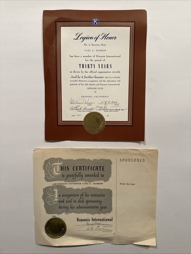 Vintage Kiwanis Certificates Legion Of Honor Lt Governor Banning Palm Springs
