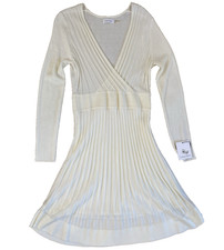 Calvin Klein M Medium Ivory Ribbed V-Neck Long Sleeve Fit & Flare Knit Dress