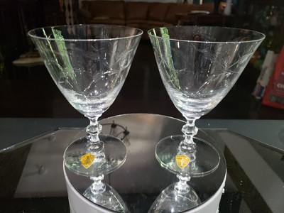 (2) Water Goblets Glasses Tiffin crystal cut Lenox Rhodora stem 17474 leaves
