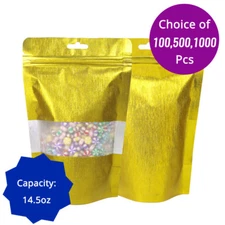 14.5oz Matte Gold Thick Rice Paper Mylar Stand Up Zipper Bag w/ Window G02