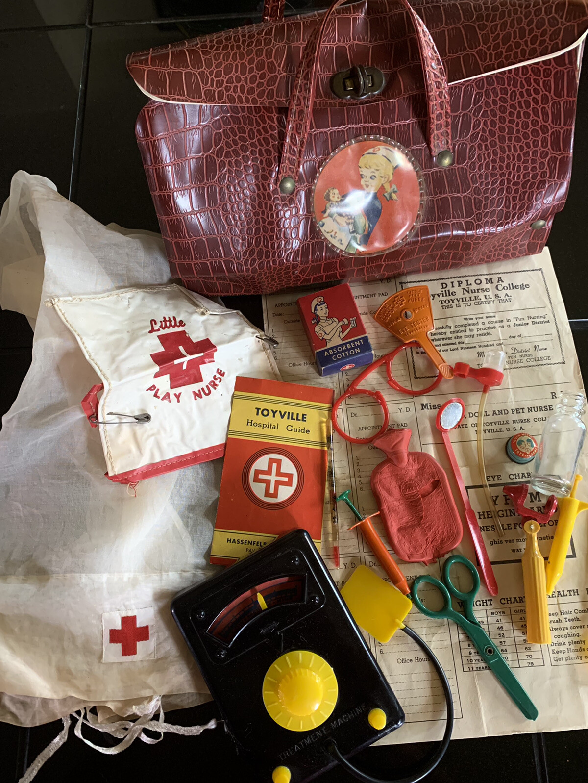 Vintage 1950s Toyville Hasbro Doctor Nurse Bag W Contents Playset