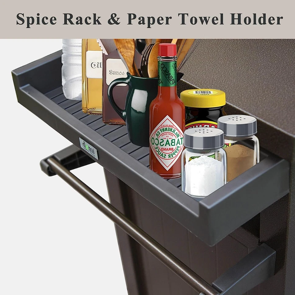 Carros de parrilla exterior Domi con ruedas, mesa de metal y gabinete de almacenamiento para barbacoa (marrón) Foto 3 de 4