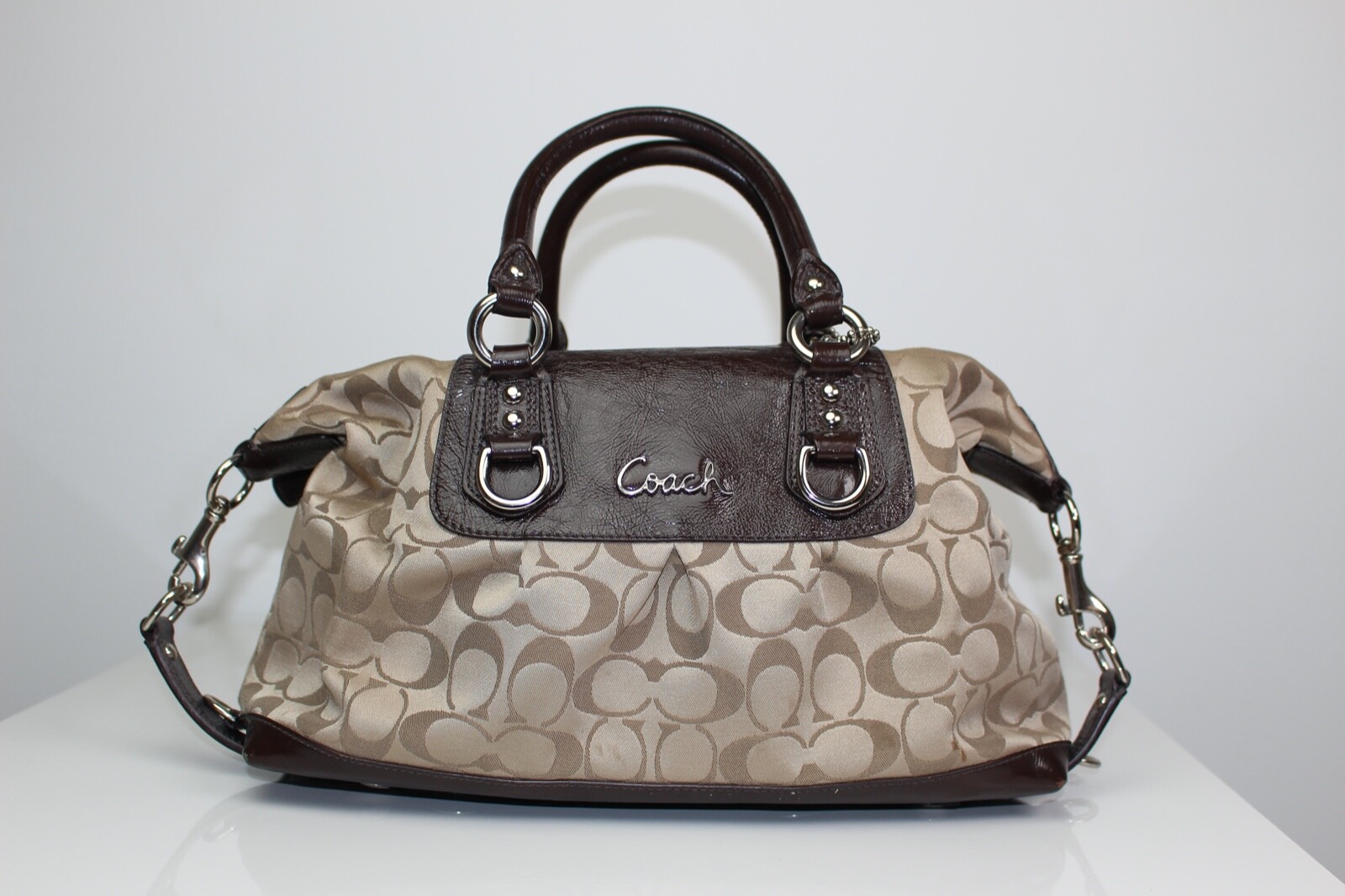 Coach F15443 Signature Ashley Sateen Satchel Handbag Purse Khaki 