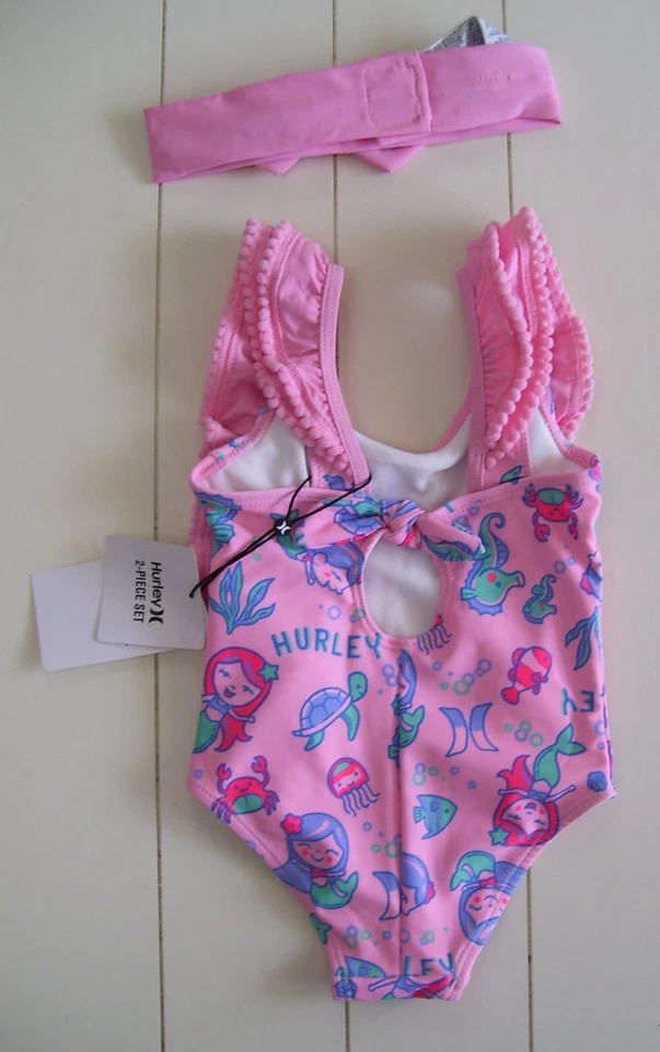 Niñas Hurley Rosa 1 Pieza Completamente Forrado Sirena Traje de Baño y Diadema con Lazo 12M Foto 4 de 4
