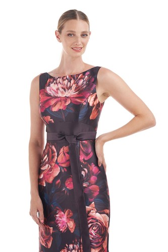 KAY UNGER Rose Floral Print Belted Bow Tie Carina Mikado Hi-Slit Column Gown 12 - Picture 5 of 10