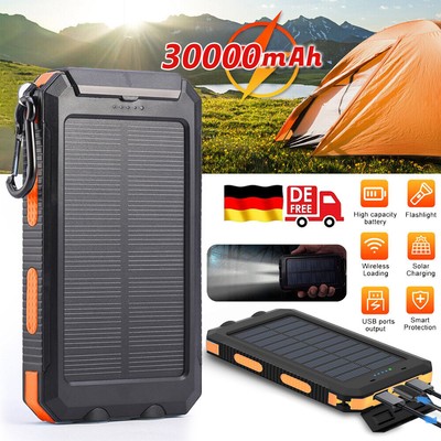 Solar Power Bank Charger Ladegerät 30000mAh Externer Batterie LED 2USB Akku DE