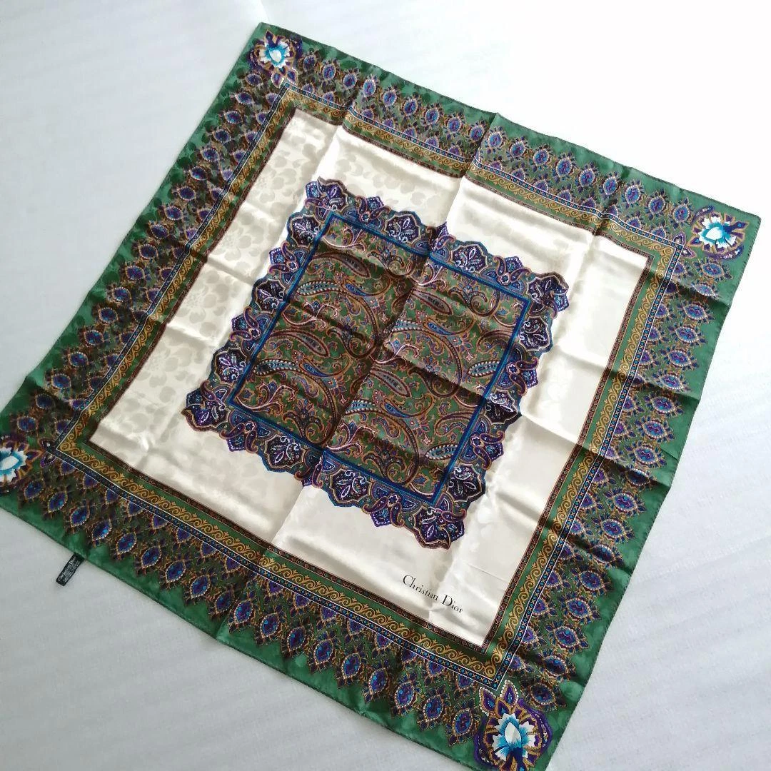 Christian Dior large scarf 86cm 33″ square silk Paisley green