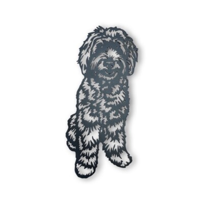 Labradoodle - sitzend - Wandbild / Gartenskulptur mit Metallgesicht