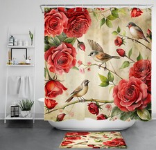 Funny Bird Botanical Green Leaf Red Floral Shower Curtain Set for Bathroom Decor