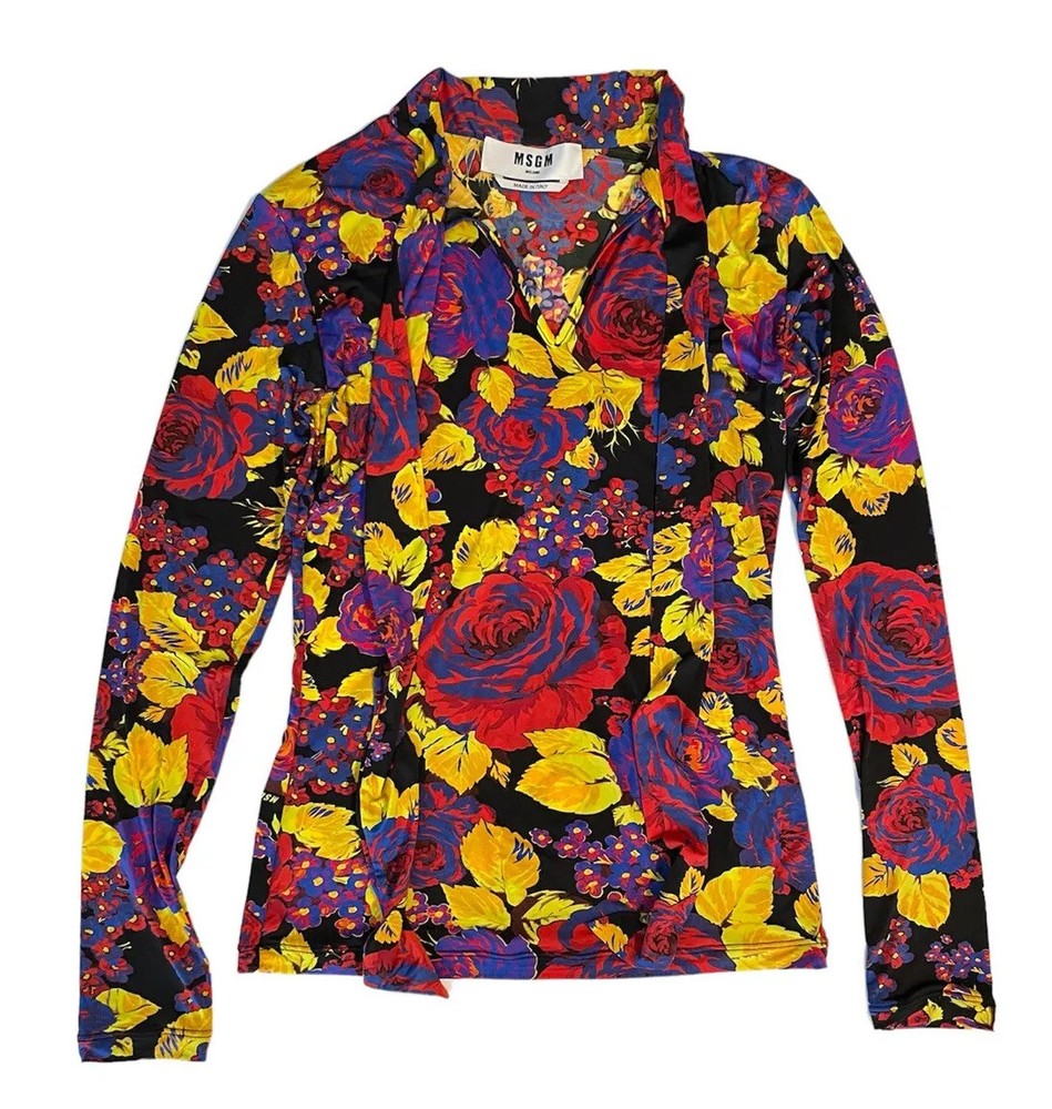 $245 MSGM Tie Neck Pussybow Blouse stretch floral long sleeve 38 Small