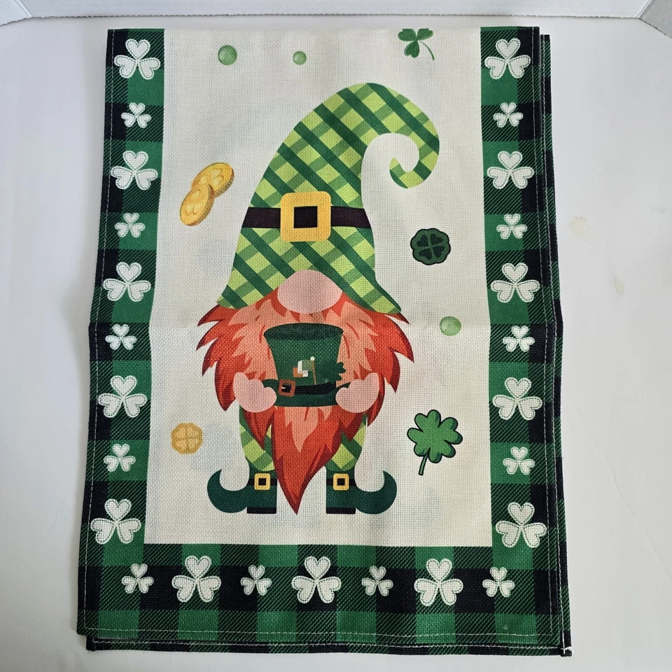 Happy St Patrick's Day Table Runner 13"x72" Gnome Leprechaun Green Shamrock - Image 4 of 4