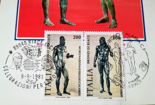 bronzi di riace maxi cartolina con 2 francobolli e due annulli primo giorno - Foto 5 di 11