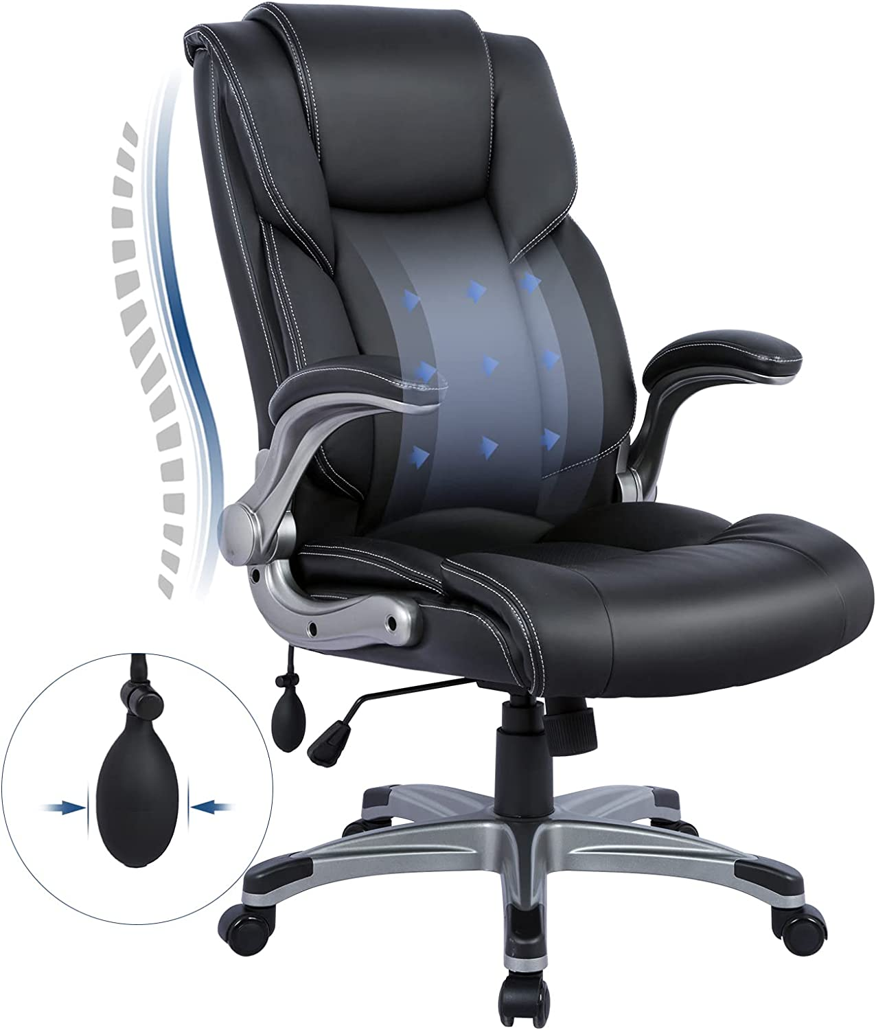 High Back Ergonomic Executive Office Chair with Leather Upholstery for Home or Computer Desk