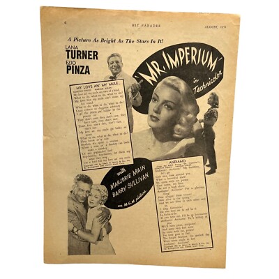 Mr Imperium Vintage Print Ad 50s Song Lyrics Lana Turner Ezio Pinza MGM Movie
