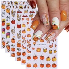 6Sheets Nail Stickers,3D Thanksgiving Day Nail Art Stickers Autumn Fall Pumpkin