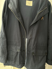 SELECTED HOMME Blue Cotton Parka Jacket Men's L Zip Button Hood Pockets