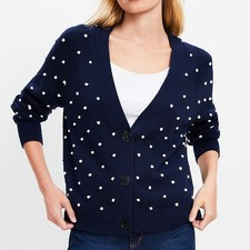 New Loft Bobble V-Neck Cardigan Sz Med Navy Blue Polka Dot Button Front Sweater