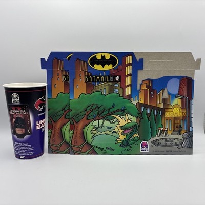 3 Piece Set 1997 Batman Taco Bell Kids Promotional Meal Box & Cup - New Unused