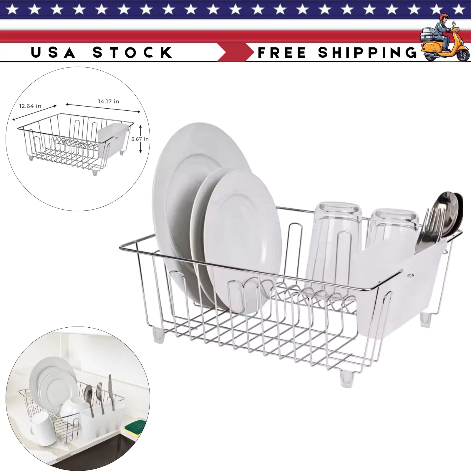 Kitchen Steel Over Sink Dish Drying Rack with Cutlery Holder Drainer Organizer