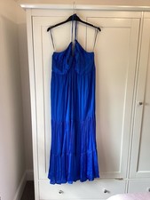Image of BNWT Size 22 NEXT Cobalt Blue Satin Plisse Tiered Halterneck Dress
