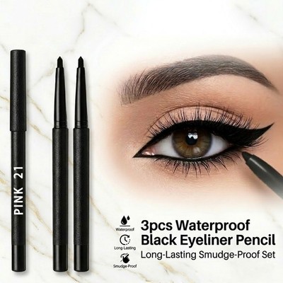 3pcs Waterproof Black Eyeliner Pencil Long-Lasting Smudge-Proof Set
